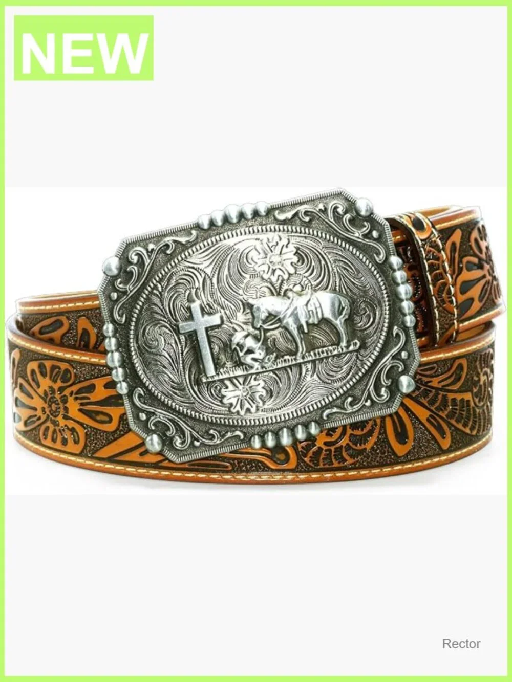 Genuine Leather Western Belt with Cross Prayer Buckle 1.5